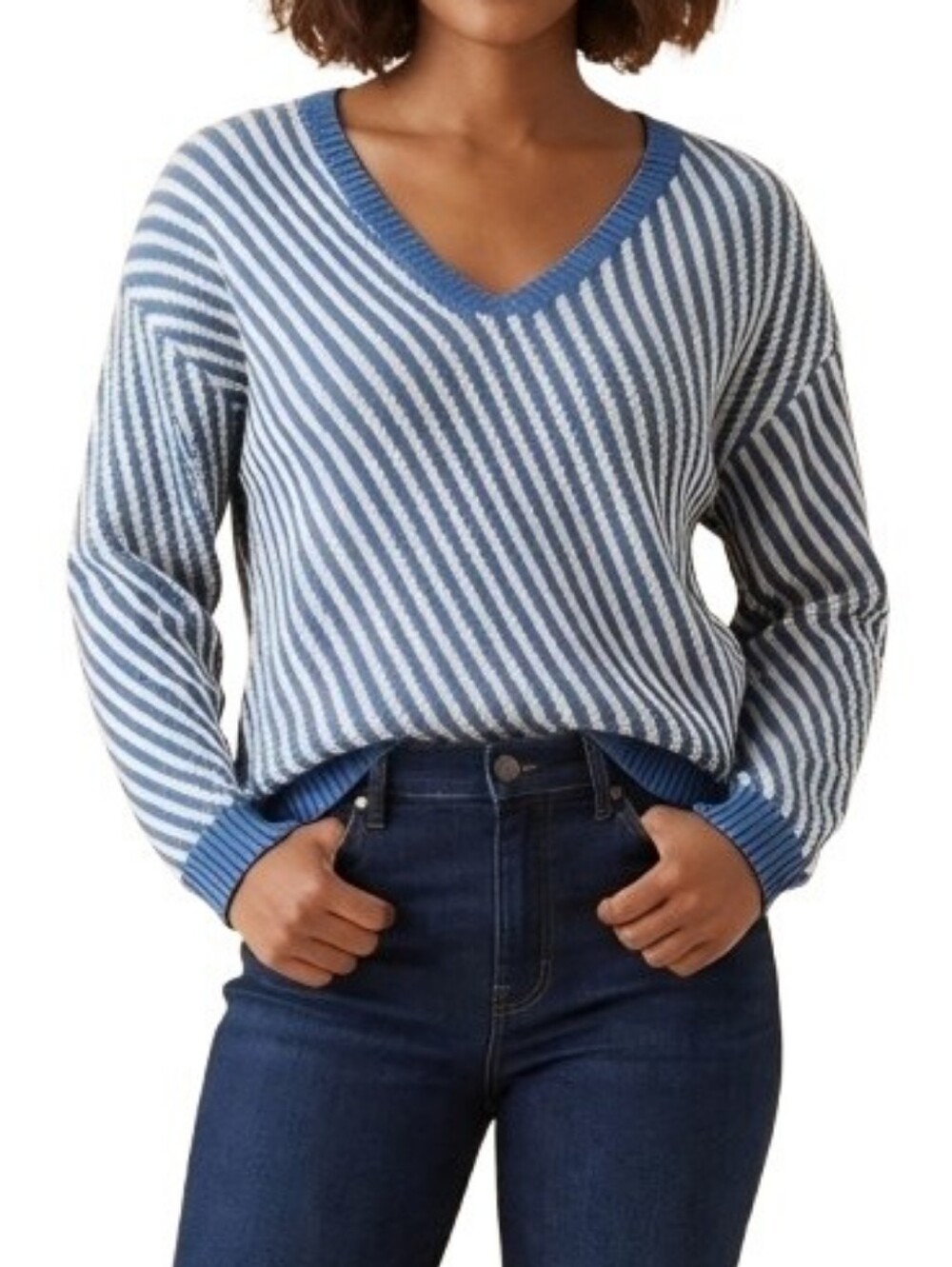 Dr. Bloom Diagonal Striped Sweater Blue White V-Neck Cotton Blend